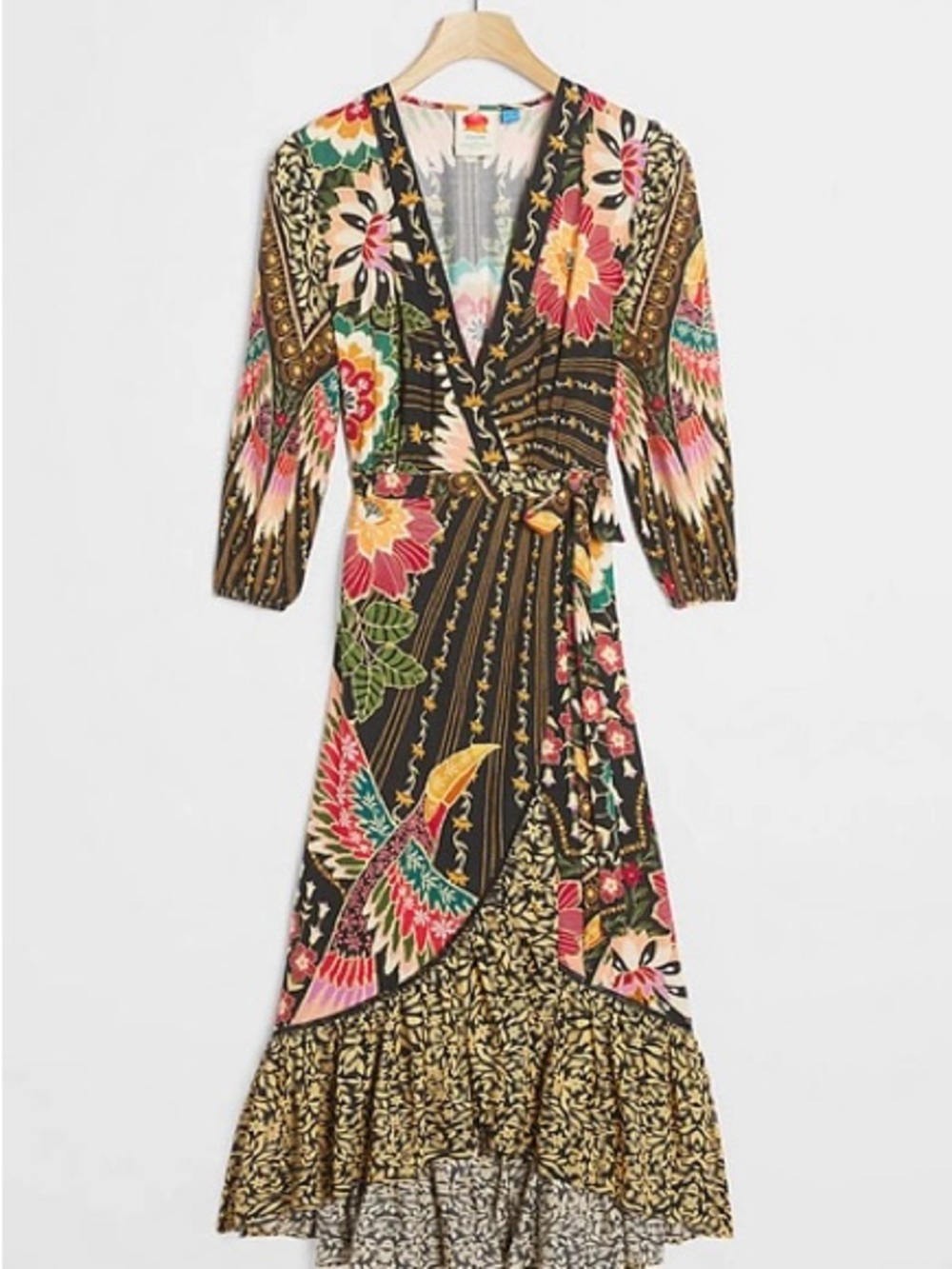 Anthropologie FARM Rio TropicWrap Maxi Dress with Floral & Bird Print M